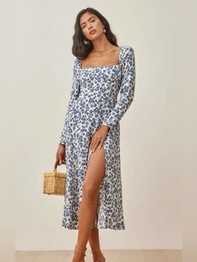 Reformation White Midi Dress with Blue Floral Print 6P EUC